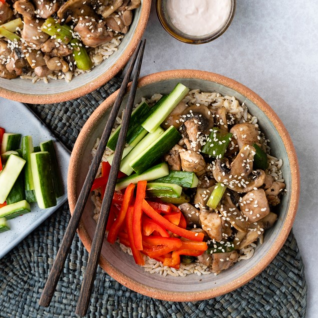 Chicken Donburi Bowl with Mushrooms & Pickled Ginger Mayo