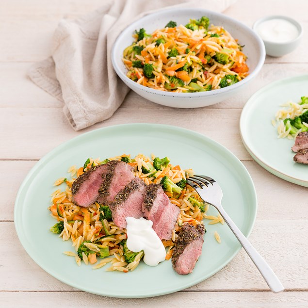 LAMB LEG STEAKS WITH VEGETABLE ORZO PASTA