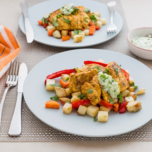 Korma Fish with Roasted Vegetables and Cucumber Yoghurt