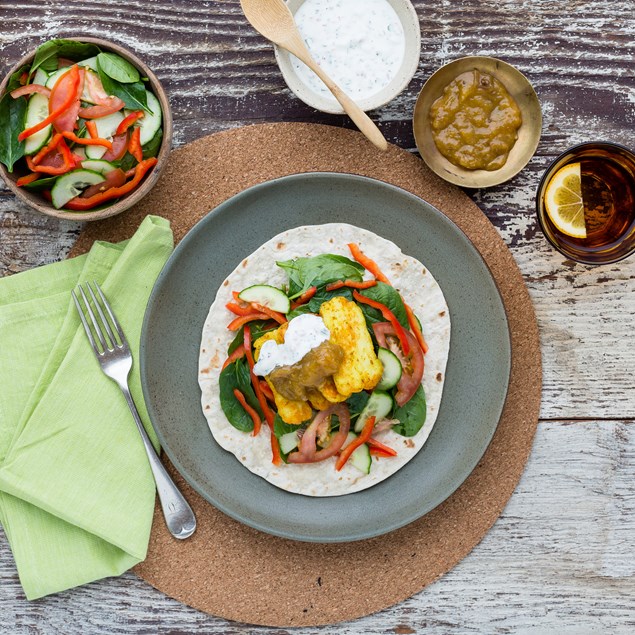 Indian-Spiced Haloumi and Salad Naan Wraps with Mango Chutney