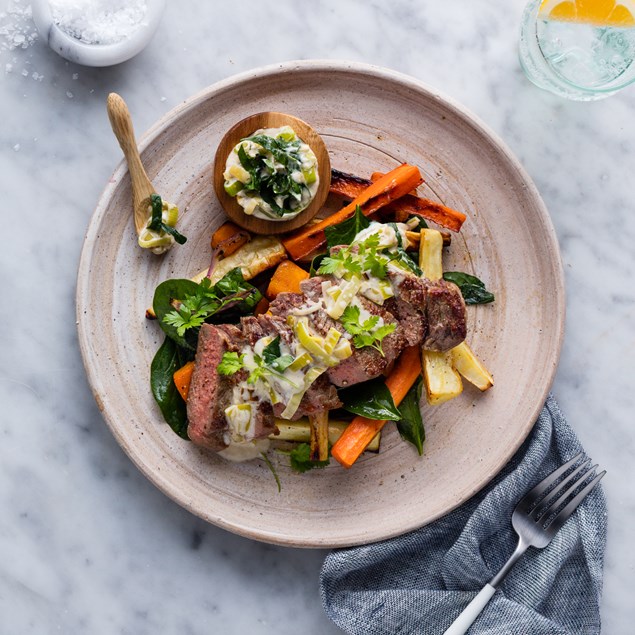 Beef Sirloin Steak with Creamy Horseradish Leeks 