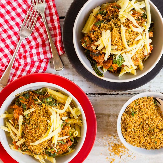 Chicken and Vegetable Pennette Ragu with Smoky Garlic Crumb