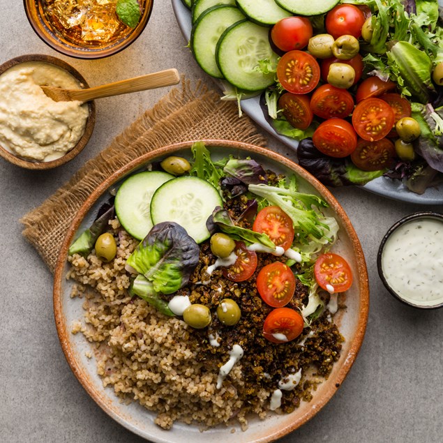 Greek Falafel Mezze Plates with Hummus, Bulgur Pilaf & Olives