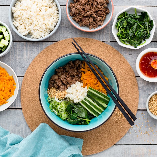 Korean Beef Bibimbap Bowl with Toasted Sesame Seeds
