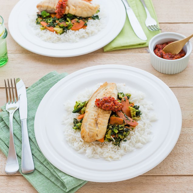 Pan-Fried Fish with Coconut Rice and Chilli Jam 