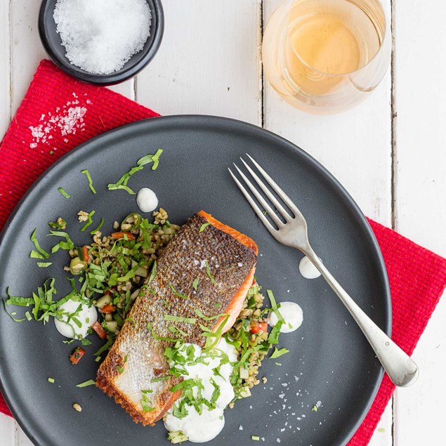 Crispy Salmon with Freekeh Tabbouleh and Lemon-Caper Yoghurt Dressing
