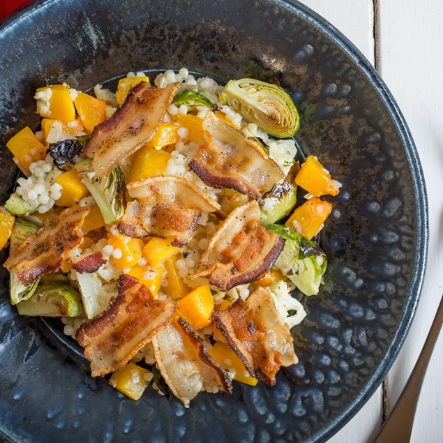 Roasted Butternut, Cauliflower and Brussels Sprout Couscous with Pancetta
