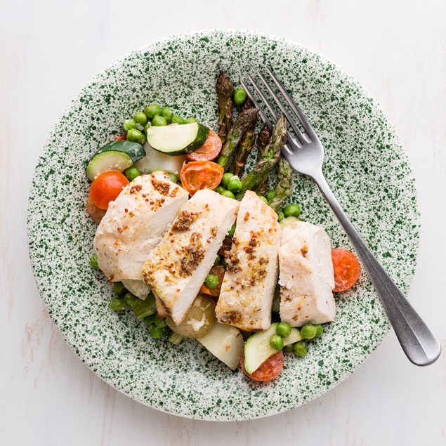 Honey and Mustard Chicken with Potato Salad and Asparagus