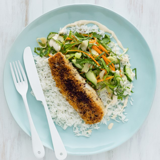 Shiso-Crumbed Fish with Jasmine Rice and Japanese Salad