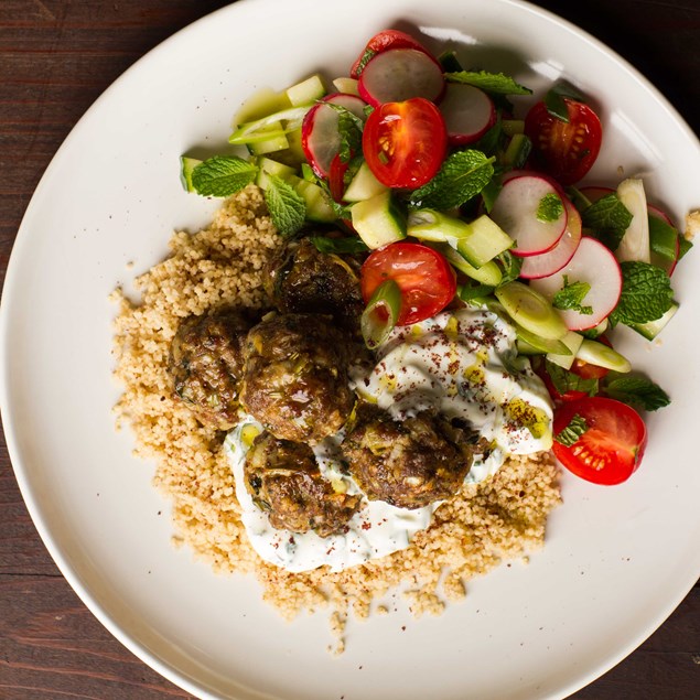 Lamb Koftas with Couscous, Salad and Sumac Yoghurt Dressing