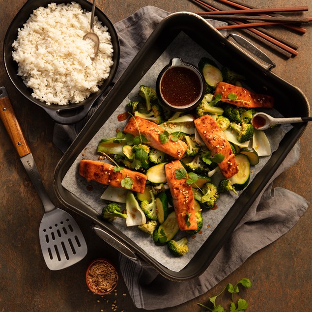 Asian Salmon Tray Bake with Sesame Rice