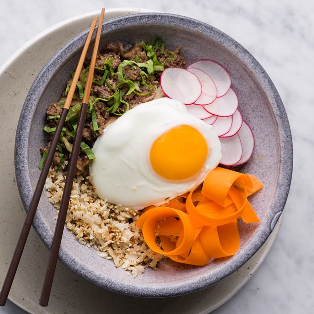 Korean Beef Bowl with Mushrooms, Eggs and Cauli Rice