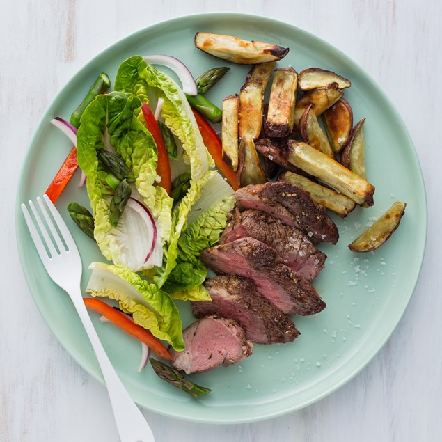 Za’atar Lamb Rump with Kumara Chips and Mint Dressed Salad
