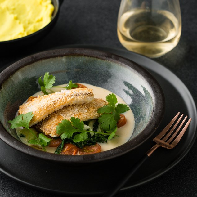 Fijian Coconut Fish with Spinach and Curried Potatoes 