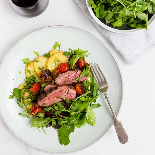 Greek Spiced Lamb with Caramelised Eggplant, Roast Potatoes and Honey Mustard Dressed Rocket