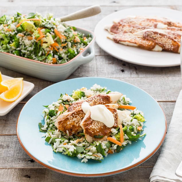Tandoori Fish with Veggie Rice and Honey Yoghurt