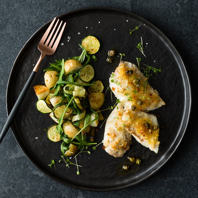 Pine Nut Crusted Fish with Caper Sauce and Micro Rocket