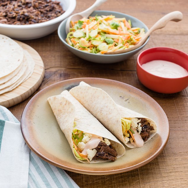 Pulled Beef and Bean Wraps with Brussels Sprouts and Apple Slaw