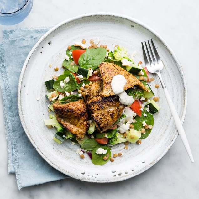Greek Fish with Lentil Salad and Tzatziki