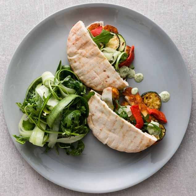 Halloumi Pita Pockets with Cucumber Ribbon Salad