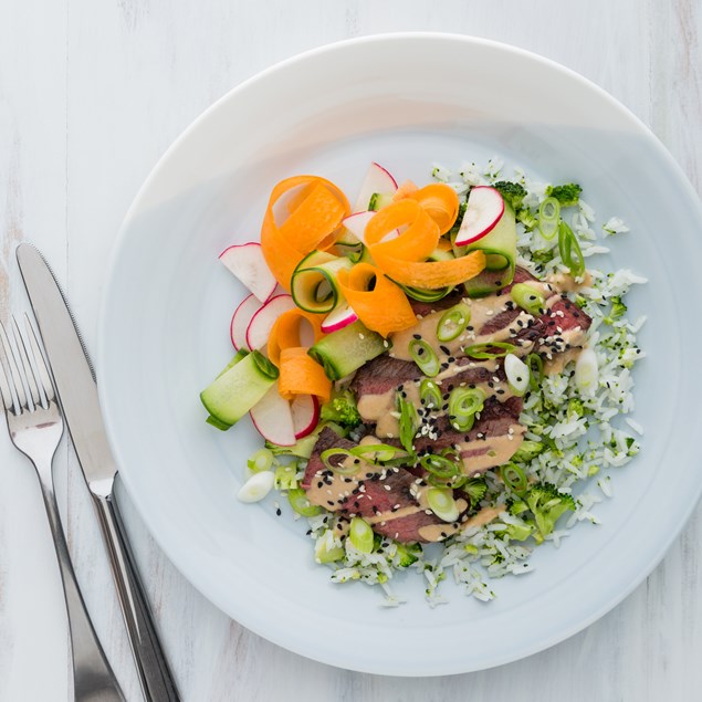 Satay Beefwith Broccoli Rice and Thai Salad