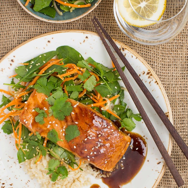 Teriyaki Salmon, Brown Rice and Sesame Spinach Slaw