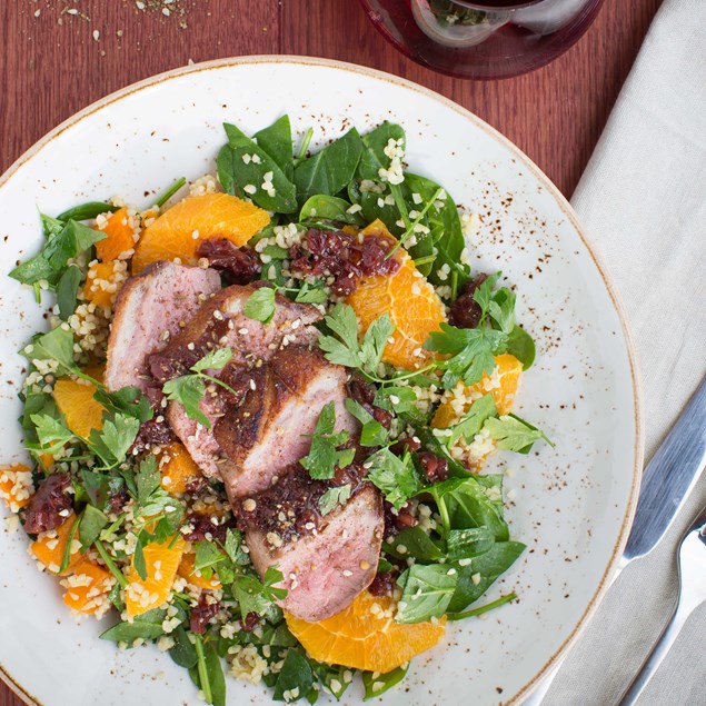 Duck Breast with Kumara Spinach Bulgar, Dukkah and Pomegranate Orange Sauce