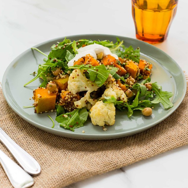 Roast Veggie and Quinoa Salad with Tahini Yoghurt Dressing