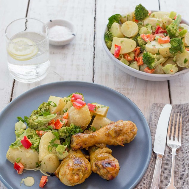 Mango-Roasted Chicken Drums with Curried Potato Salad