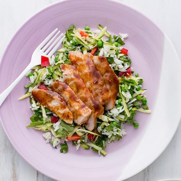 Glazed Pork Sirloin Steak with Veggie Rice