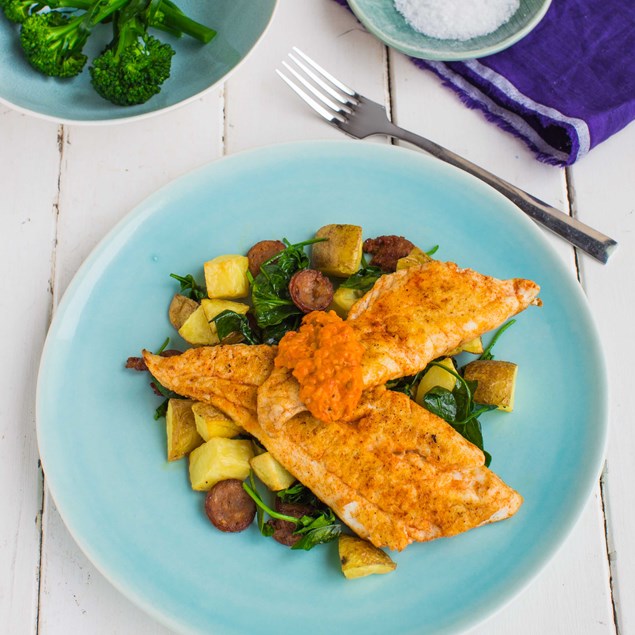 Fish with Capsicum Pesto, Chorizo and Potato Spinach Toss