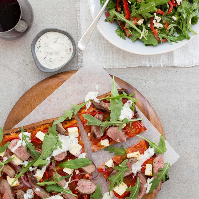 Lamb Pizza with Feta, Rocket and Yoghurt Drizzle