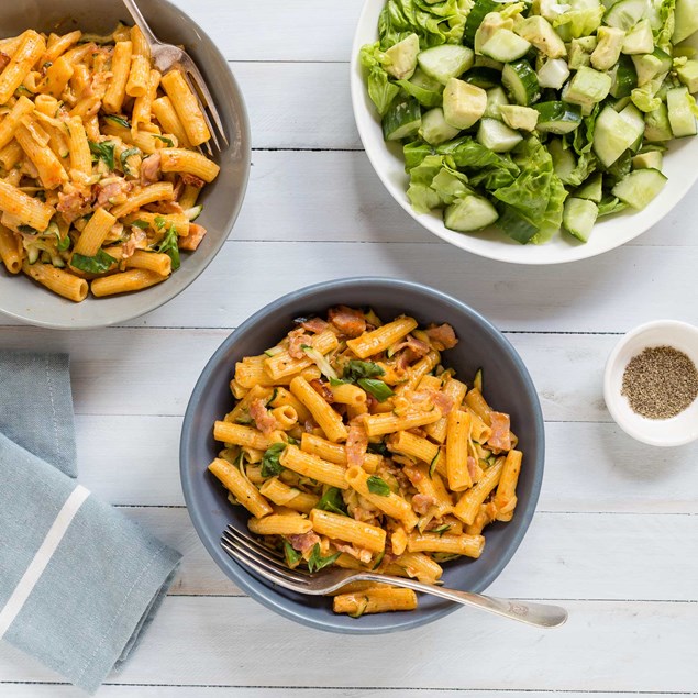 Fresh Rigatoni with Sundried Tomato and Bacon Cream Sauce