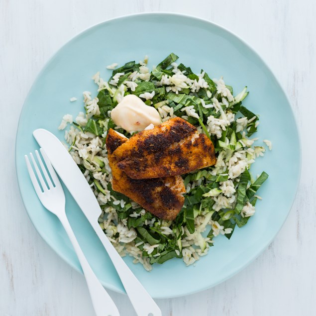 Cajun-Style Blackened Fish with Green Rice and Mango Yoghurt