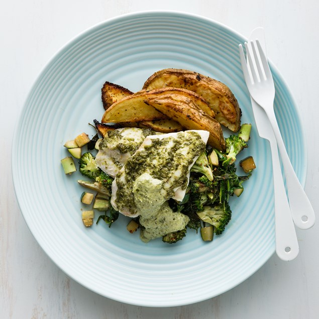 Caper Baked Fish with Lemon Pepper Wedges and Charred Broccoli