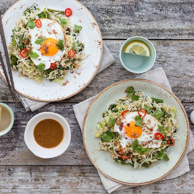 Egg Fried Rice with Asian Greens and Miso Dressing