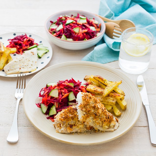 Almond Crusted Fish with Lemon Pepper Chips and Slaw