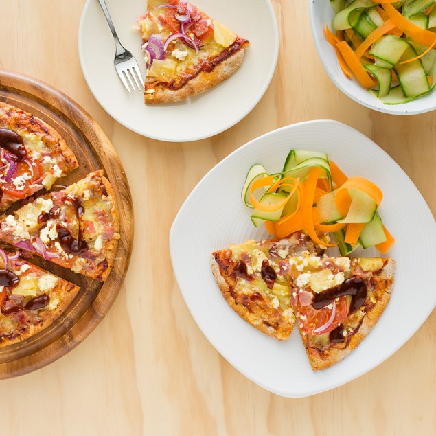Bacon, Pineapple and Feta Pizzas with Ribbon Salad