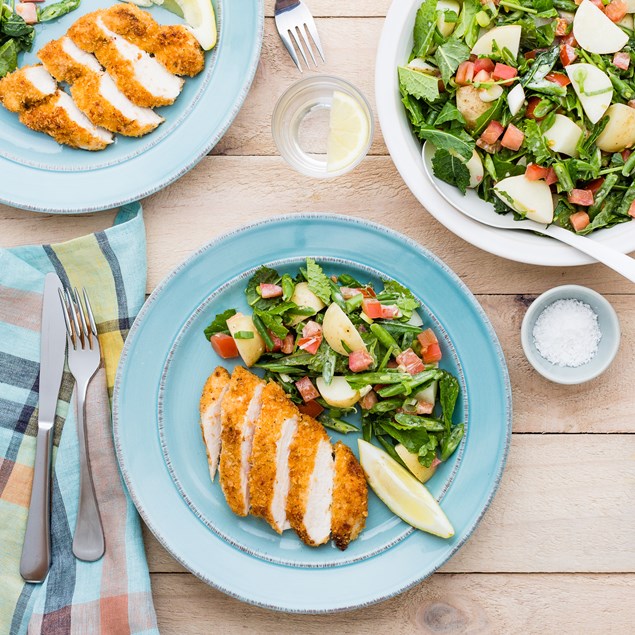 Cajun-Crumbed Chicken Schnitzel with Dijonnaise Potato Salad