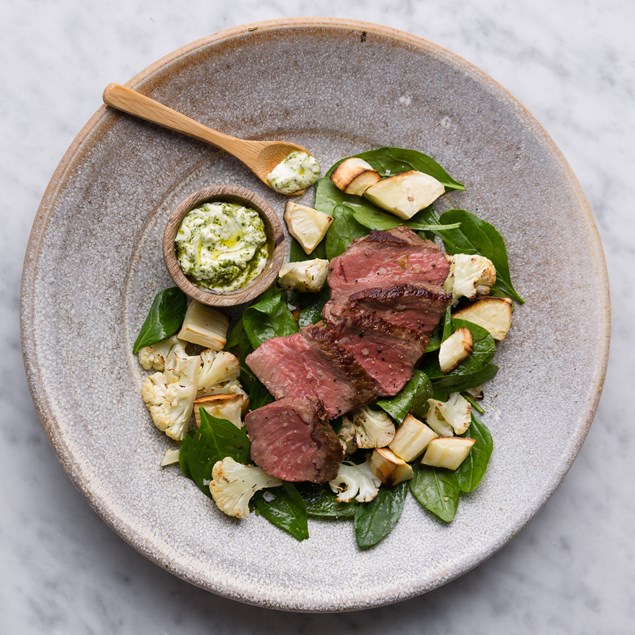 Lamb and Creamy Mint Sauce with Roast Parsnip Salad