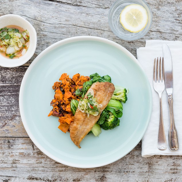 Pan-Fried Fish with Miso Kumara and Asian Dressing