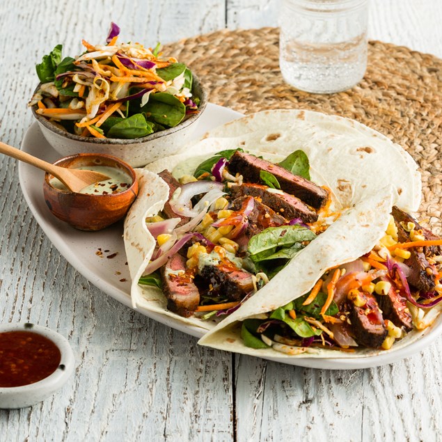 Beef Steak Tacos with Corn & Chimichurri Yoghurt