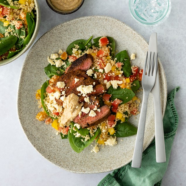 Moroccan Beef Sirloin Steaks with Spinach & Feta Couscous