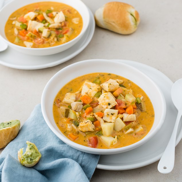 Chunky Tomato Fish Chowder with Basil Pesto Rolls