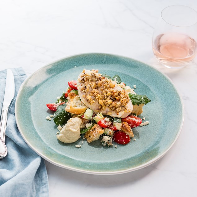 Walnut Crusted Chicken with Baby Spinach Salad and Hummus