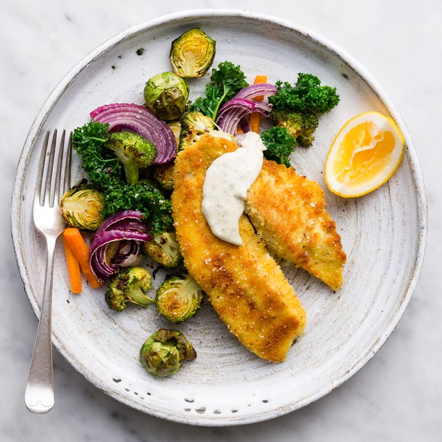 Crumbed Fish with Roasted Kalettes and Caper Aioli