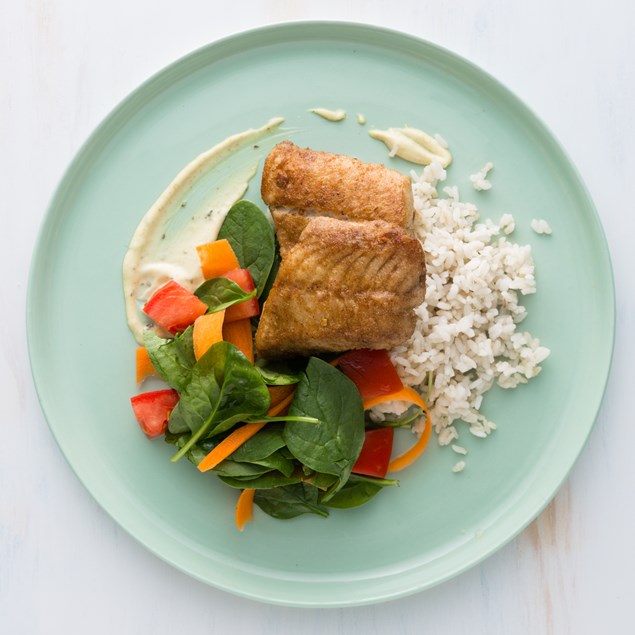 Spiced Fish with Brown Rice and Chermoula Mayo