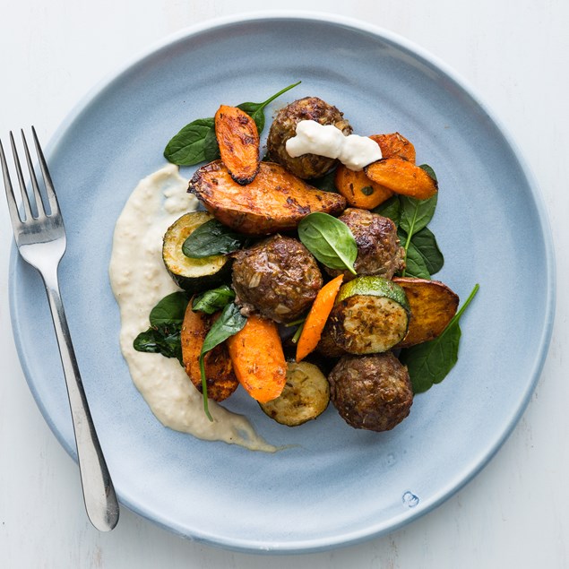 Moroccan Beef Meatballs and Kumara Tray Bake