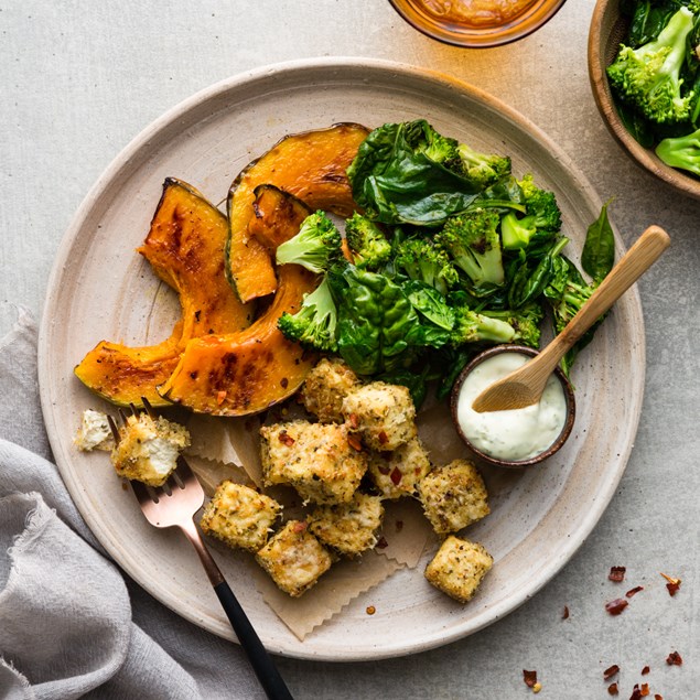 Crunchy Lemon & Herb Tofu with Roasted Pumpkin and Garlic Greens