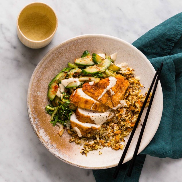 Korean Chicken with Quick Cucumber Kimchi & Cauli Rice